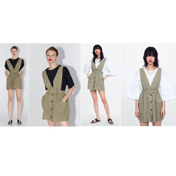 ZARA Pinafore Dress with Pockets - Green - Size: Large - Picture 2 of 15